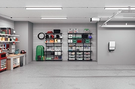 Modern garage interior with organized tools.