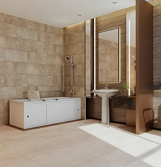 Modern bathroom with beige tiled walls, a white bathtub, a sleek sink, and a large mirror.