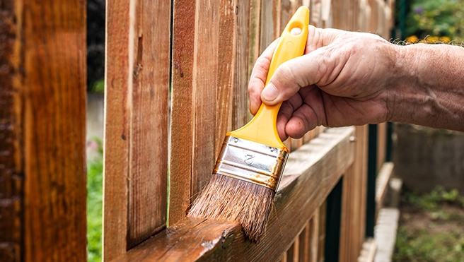 A hand holding a yellow paintbrush applies wood stain to a wooden fence.