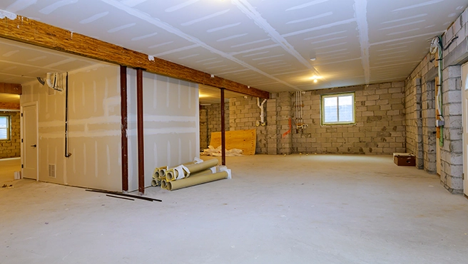 Spacious, unfinished basement with exposed walls.