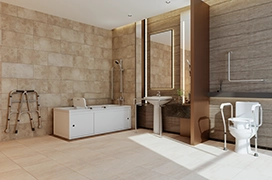 A spacious, modern bathroom featuring a wall-mounted sink, a shower with grab bars.