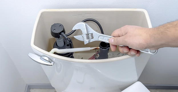 A hand holding a wrench adjusts components inside a toilet tank.