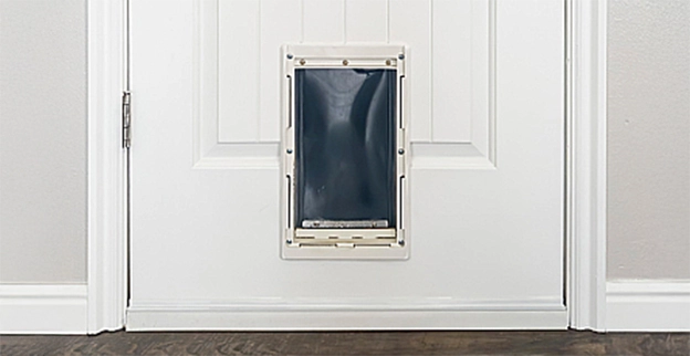A pet door installed in a white paneled door.
