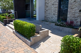 A modern entryway featuring a stone pathway, landscaped greenery, and steps leading to a stylish front door.