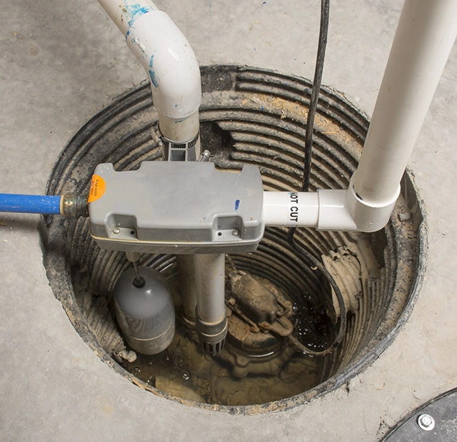 Top-down view of a sump pit with a submersible pump.