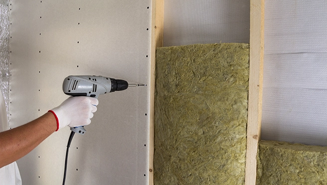A hand holds an electric drill, preparing to fasten drywall to a wall with insulation panels in a construction setting.