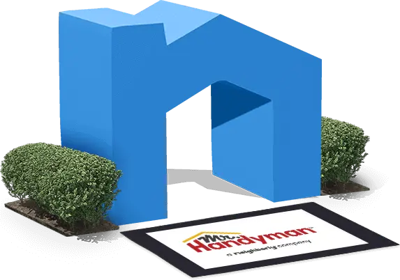 Neighborly house logo with a Mr. Handyman doormat in front of it.