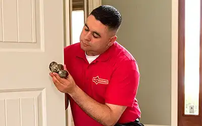 A Mr. Handyman technician installing a doorknob.