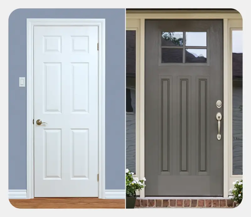Two doors side-by-side: a white interior door and a gray exterior door.